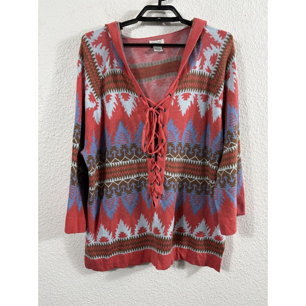 Tasha Polizzi Sweater Tunic Womens Large Red Hooded Lace Up Tribal Western Knit
